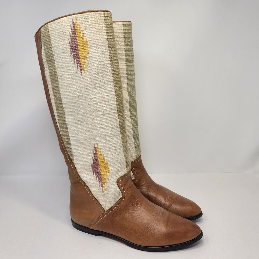 Golo Brown Leather Kilim Knee High Riding Boots Women Size 7 M Vintage Flats